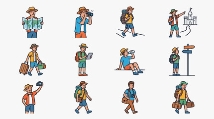 Fototapeta premium Sleek Colorful Illustrated Set of 12 Travel Adventure Icons Showcasing Tourists with Hiking Gear Maps Cameras and Luggage