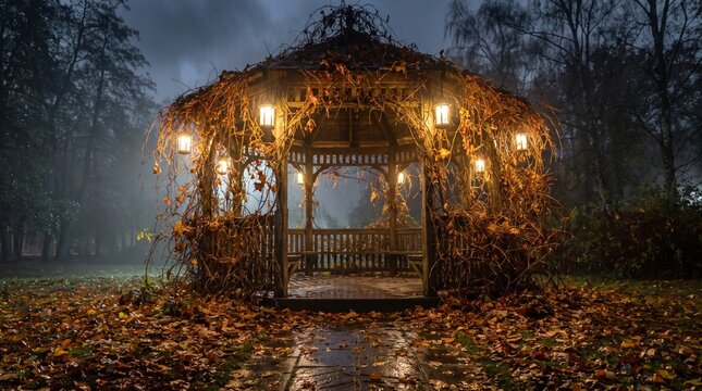 Lit wooden gazebo in a park during a dark autumn evening
