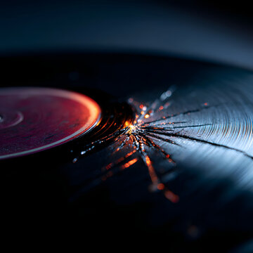 Macro close-up shot of a cracked vintage vinyl record disc with dramatic lighting, symbolizing damaged music or media nostalgia.