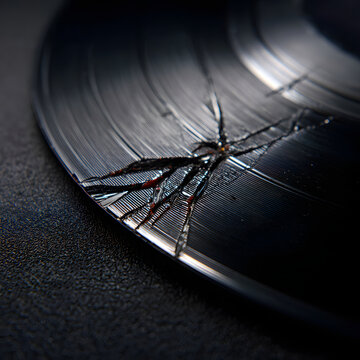 Macro close-up of a damaged vintage vinyl record with deep cracks and scratches, symbolizing broken music, loss, or artistic failure.