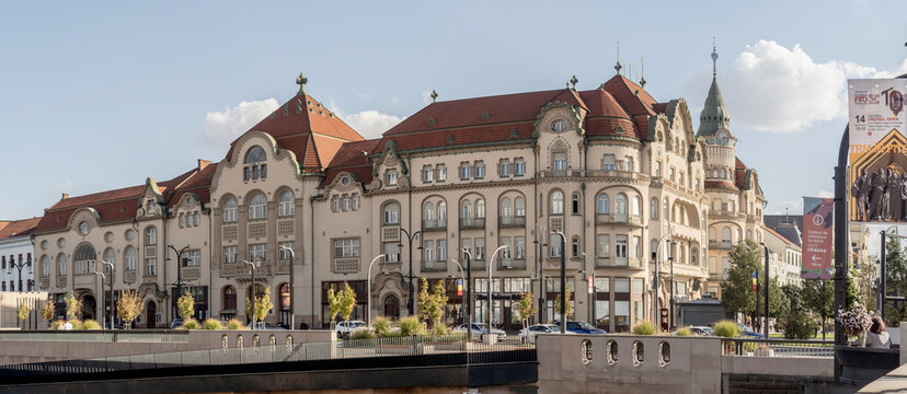 An exterior daytime panoramic view of the Black Eagle Palace in Oradea, Romania