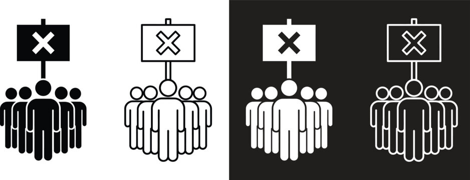 People Protest Icon Set with Banner and Cross Mark Symbol, Vector Illustration