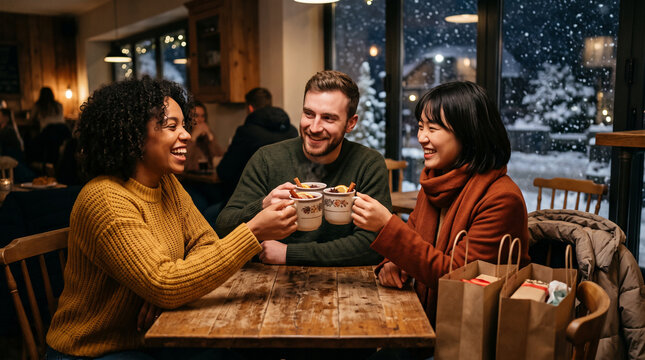 Three friends toasting with hot drinks in cozy cafe with snowy window view