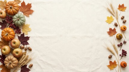 Fototapeta premium Thanksgiving Day flat lay background with pumpkins, apples, autumn leaves, and wheat on beige fabric texture