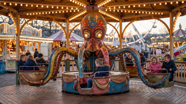 Carousel with octopus ride featuring children enjoying a funfair  