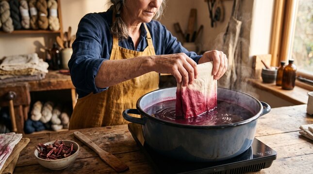 Textile maker immerses cotton in a botanical red dye bath
