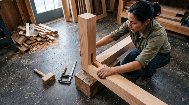 Craft worker assembles a mortise and tenon corner