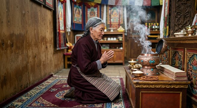 Elderly Tibetan woman praying in front of an ornate incense burner. Traditional Buddhist shrine with rising smoke and cultural artifacts