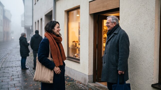 Two neighbors share a quiet moment in the bread line