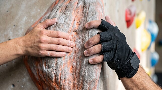 Chalked hands test grip on textured climbing holds