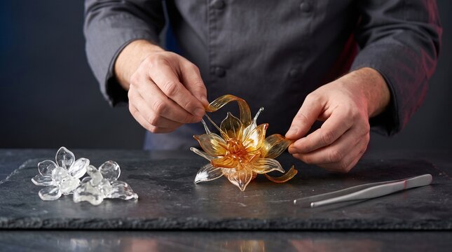 Pastry specialist assembling a spun sugar centerpiece