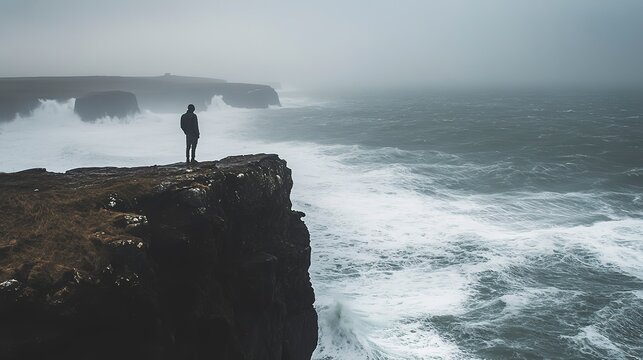 A solitary individual stands atop a rugged cliff, watching the gray waves crashing against the rocks. Dark clouds loom overhead as the storm brews, creating a sense of isolation
