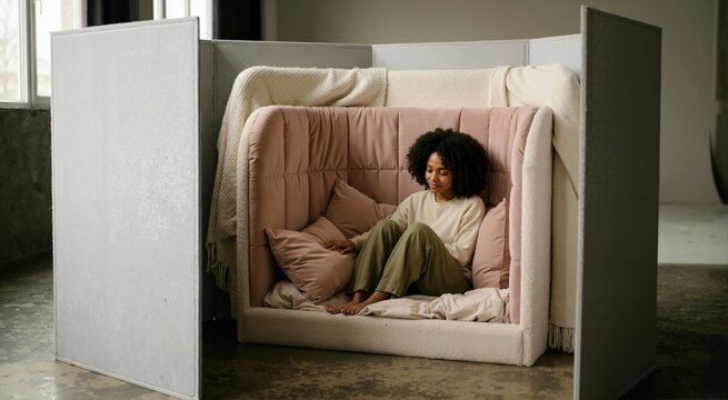 Woman sitting peacefully in layered soft upholstered enclosure booth. Sensory retreat and mental wellness concept