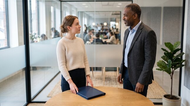 Career adviser greets candidate in a meeting nook