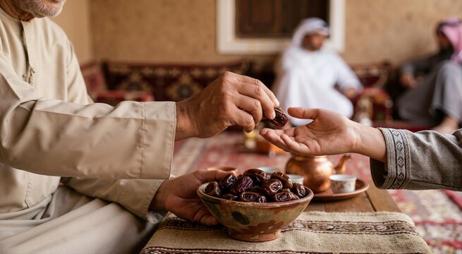 Man offering sweet date fruit to guest in traditional setting. Close up of hands sharing fresh dates from bowl during ramadan hospitality