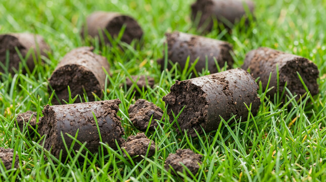 Soil aerator machine with soil cores on green grass  