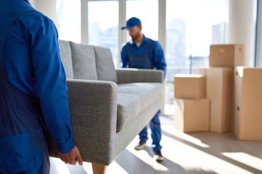 Professional movers in blue uniforms lifting a sofa in a modern apartment. Furniture delivery and relocation service team working