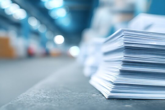 Stack of white paper sheets in a factory with blue background. Printing industry production concept