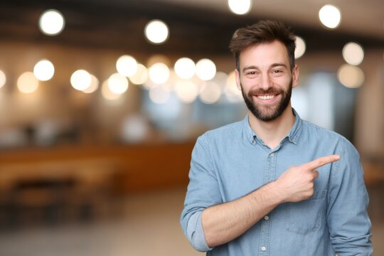 Happy young man with beard pointing finger to the side. Casual businessman showing copy space