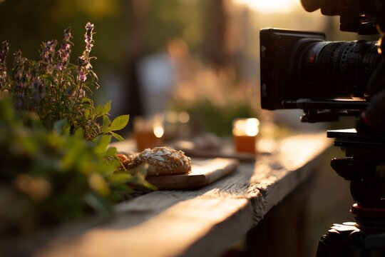 Close up of video camera filming food on rustic wooden table. Professional production equipment in garden. Cinematography concept