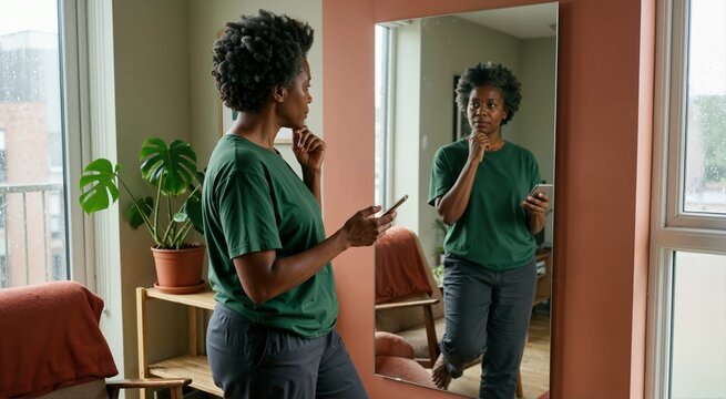 Black woman holding smartphone and looking at reflection in mirror. Contemplative person introspecting in apartment interior