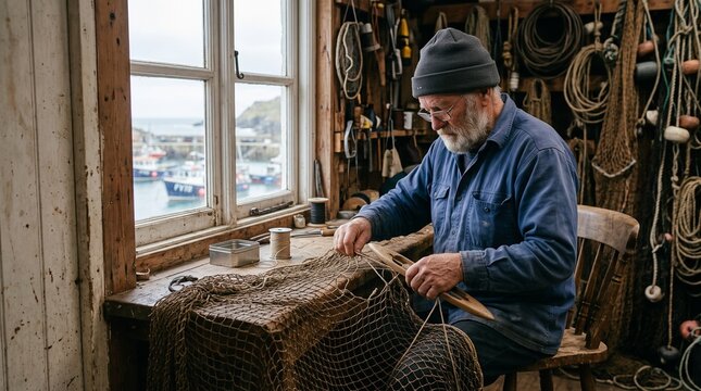 Fisher repairs torn net at a workshop window