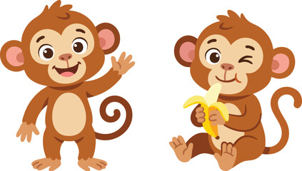 Fototapeta premium Cute Cartoon Monkey Characters with Banana and Waving Pose Isolated on White