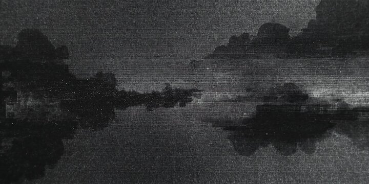 Abstract dark grunge background with horizontal scratched texture and soft smoky ink stains in black and grey tones