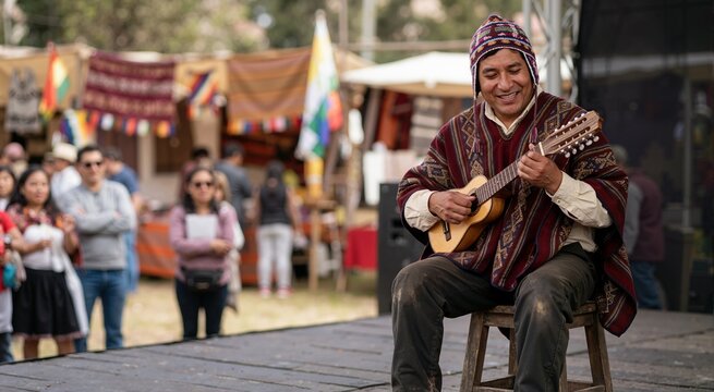 Andean musician playing charango instrument in traditional poncho and chullo hat. Cultural festival performance