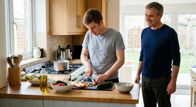 Father supporting adult son cooking vegetables independently in kitchen. Daily life skills and developmental support concept
