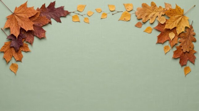 Thanksgiving Day autumn background with a decorative frame of colorful fall leaves on sage green texture