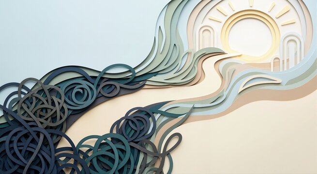 Paper cut illustration of a safe path emerging from tangled thoughts towards a bright sun. Mental health and clarity concept. 3D layered craft design