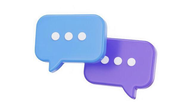 Two blue and purple 3D chat bubbles with loading dots isolated on transparent background. Social media communication concept for digital messaging apps.