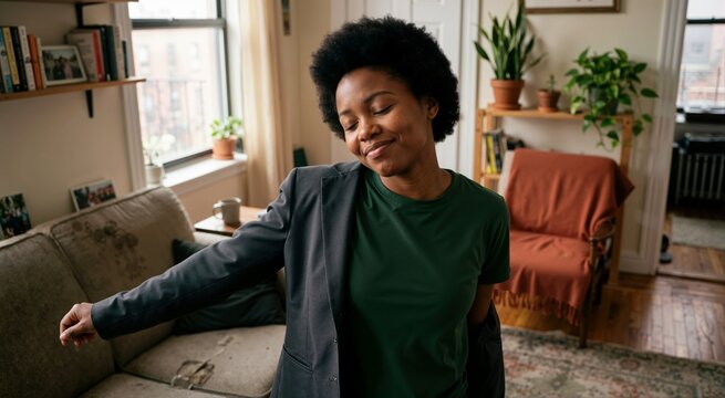 Black woman taking off formal blazer at home after work. Smiling professional unwinding in cozy apartment living room