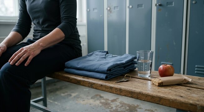 Folded blue medical scrubs on a wooden bench in a locker room. Healthcare worker on a break with a glass of water, apple, and snack. Hospital staff shift change concept