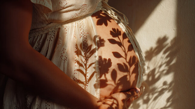 Pregnant Belly Close Up with Floral Shadows in Boho Style, Maternity Pregnancy and Motherhood Concept