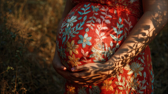 Pregnant Belly Close Up with Floral Shadows in Boho Style, Maternity Pregnancy and Motherhood Concept