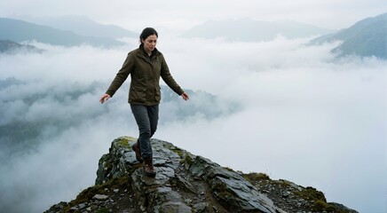 Obraz premium Young woman carefully walking on narrow rocky cliff above fog. Metaphor for uncertainty, balance, and anxiety