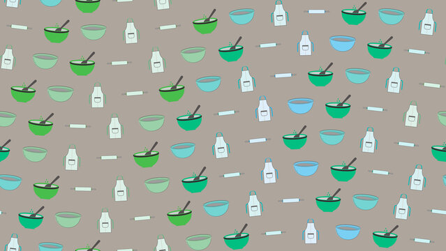 Baking Utensils Pattern with Bowls and Aprons