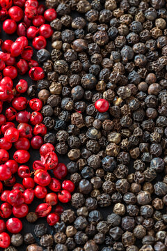 Close-up of colorful peppercorns arranged on dark background