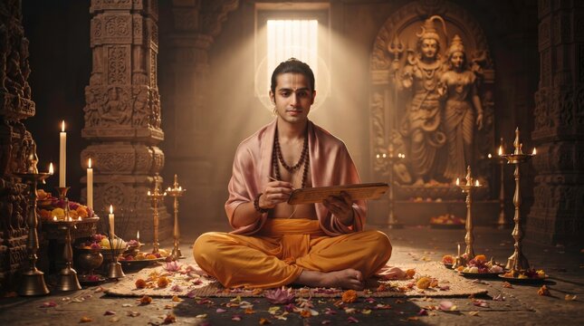 Devotional Serenity: A young Brahmin monk in traditional attire sits in deep meditation within an ancient temple, surrounded by flickering diyas, floral offerings, and divine idols.