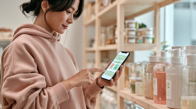 A woman uses a smartphone app to scan or check products on store shelves, likely for shopping or comparing prices in a modern retail environment.
