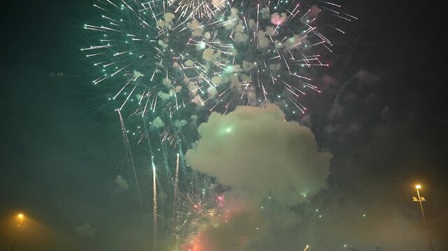 Fireworks of many colors and shapes on a clear, cloudless night