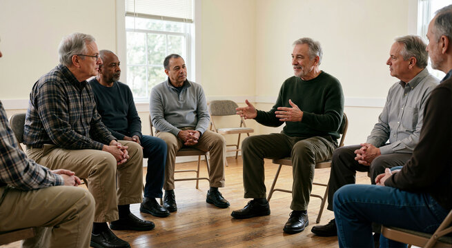 Mature men sitting in a circle during a peer support group meeting. Senior man speaking and sharing in a community counseling session. Mental health and emotional healing concept
