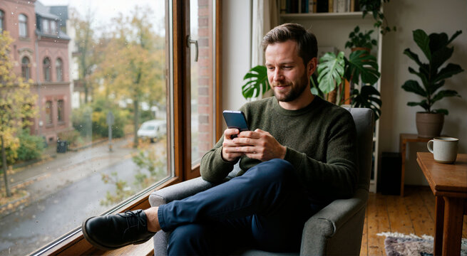 Man looking at smartphone while sitting by window. Smiling male reading supportive message at home