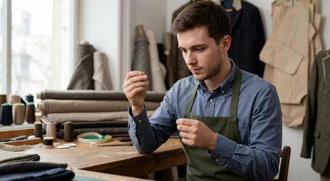 Young male tailor threading a needle in workshop. Craftsperson working with fabric at wooden bench. Traditional bespoke tailoring and fashion craft concept