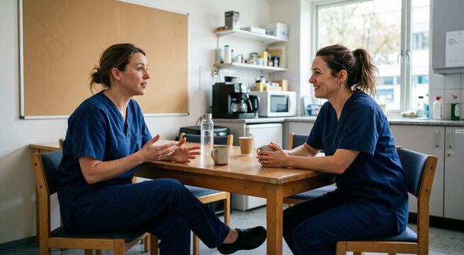 Two female nurses talking during break in hospital staff room. Healthcare workers conversing over coffee after medical shift