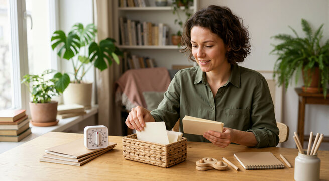Woman organizing sensory cards and tools with visual timer on wooden desk. ADHD executive function task management and focus concept