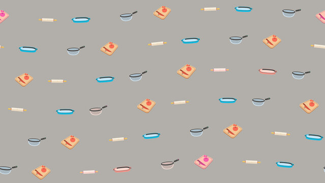 Seamless pattern of kitchen tools on grey background