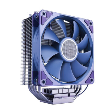 Computer CPU cooler with blue fan and metallic heatsink isolated on white background 3D render